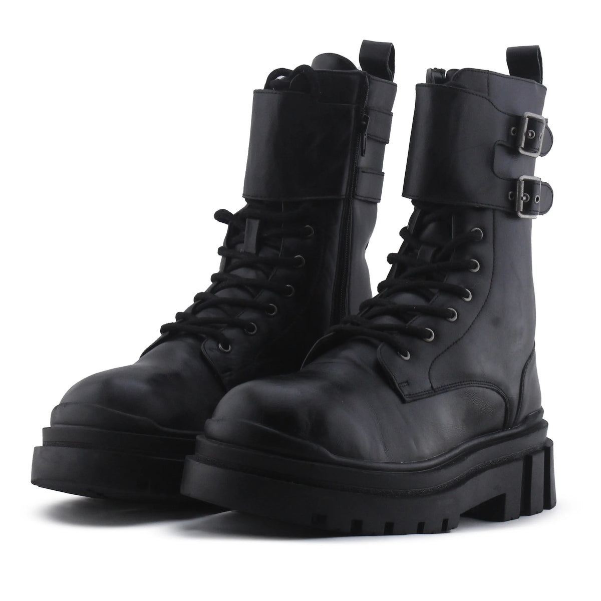 Bershka Zipper Buckle Strap Lace Up Ankle Boot | 100% Authentic Leather