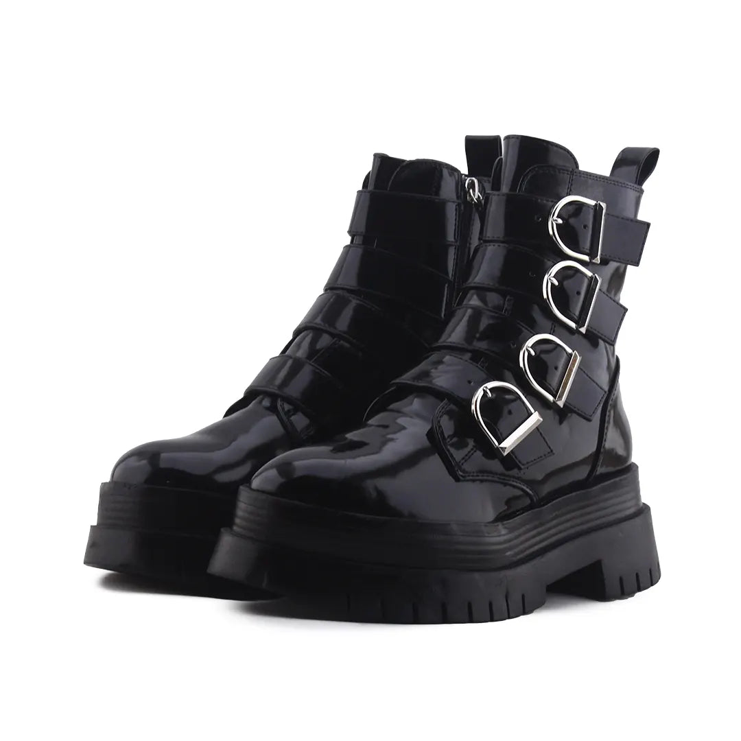 Bershka Zipper Buckle Strap Patent Ankle Boots