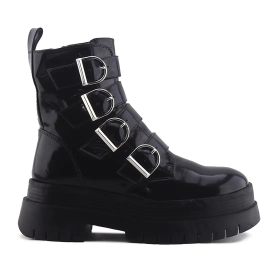 Bershka Zipper Buckle Strap Patent Ankle Boots